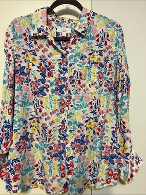 Charter Club White Floral Button-Down Shirt with Blue & Red Accents